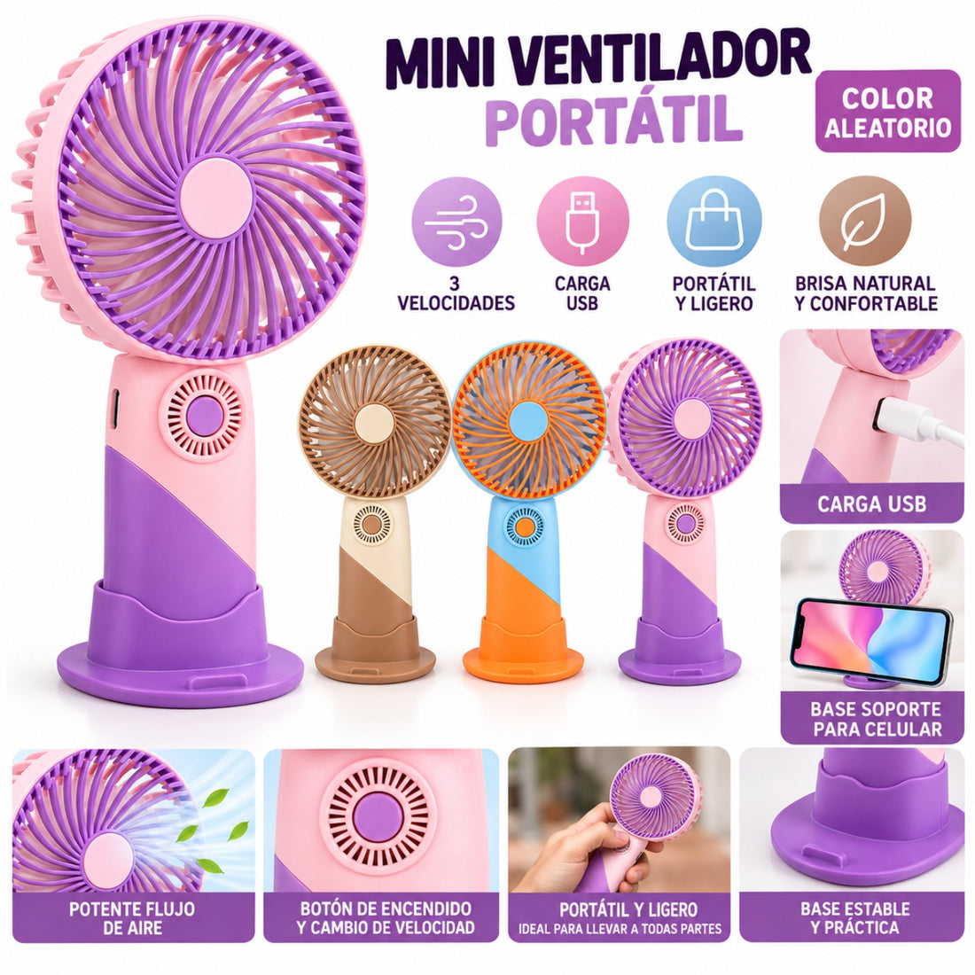 Mini Ventilador Portátil Recargable USB 3 Velocidades con Base para Celular Color Aleatorio
