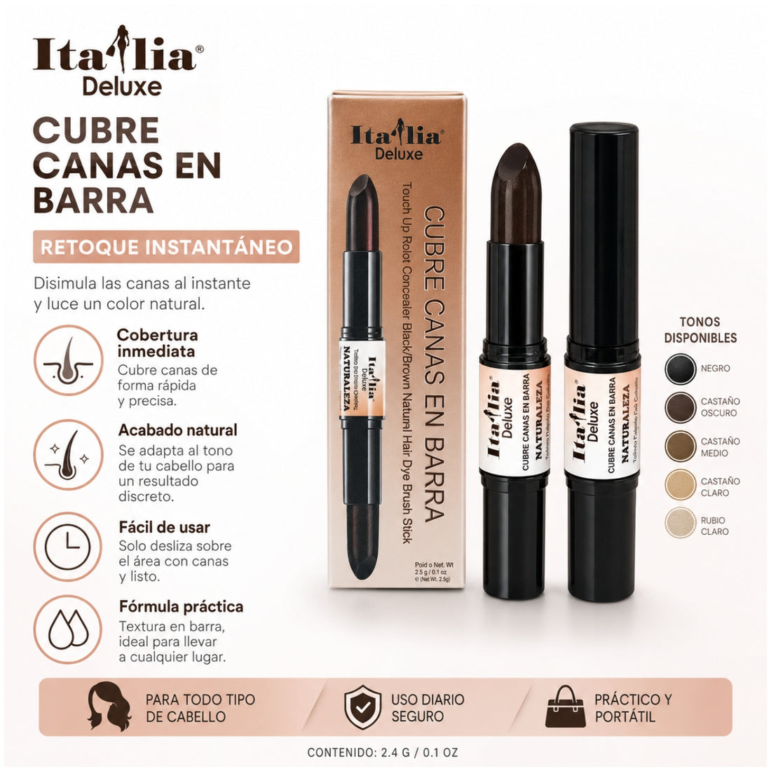 Cubre Canas en Barra Italia Deluxe 2 en 1 Retoque de Raíces y Canas Negro y Marrón
