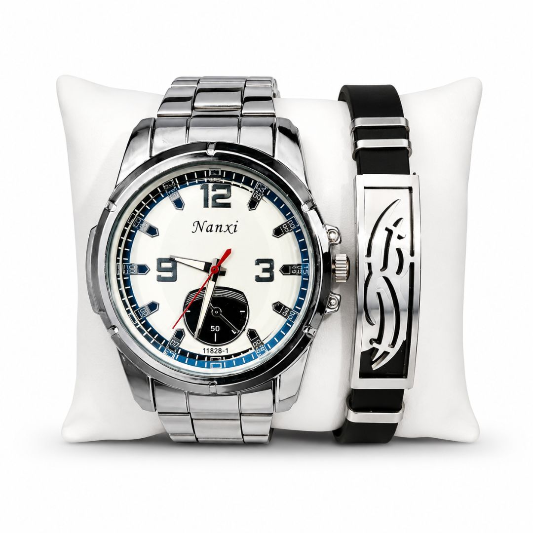 Set Reloj Analógico Cuarzo para Hombre Plateado con Pulsera para Regalo