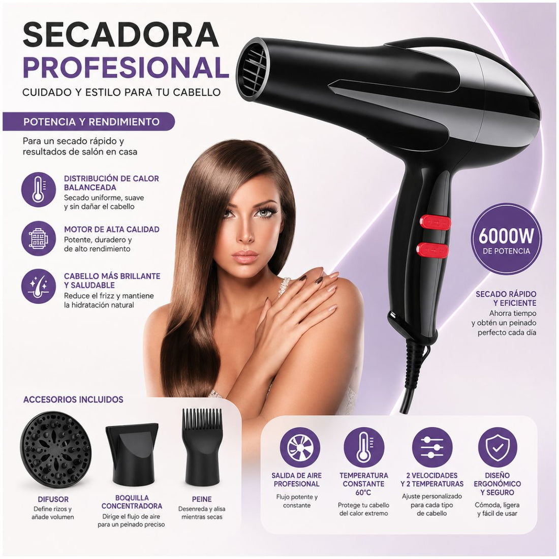 Secadora de Cabello 80173 Profesional 6000W 5 en 1 con Difusor Aire Frío y Caliente