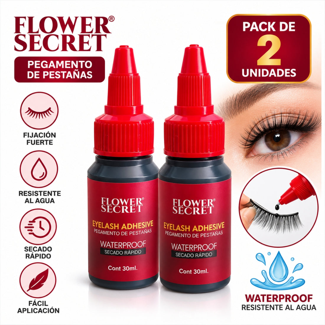 Pack x2 Pegamento para Pestañas Postizas Flower Secret 60 ml Waterproof de Secado Rápido