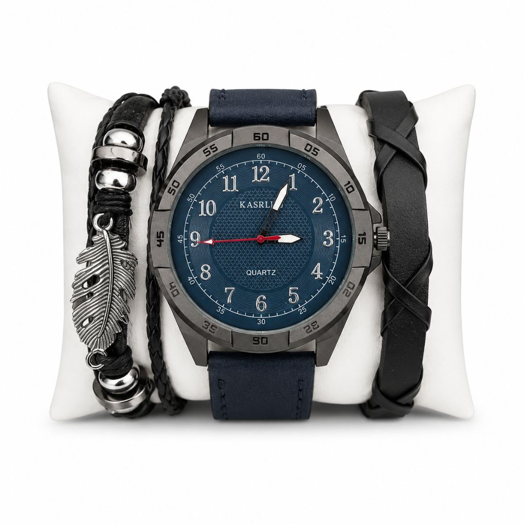 Set Reloj Analógico Cuarzo para Hombre con Pulseras Pluma para Regalo