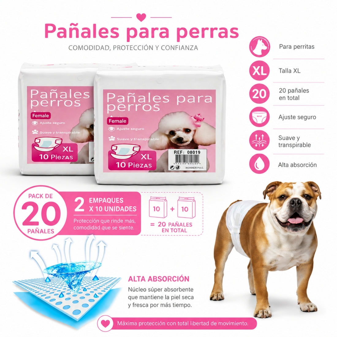 Pack x20 Pañal para Perros Hembra Celo Perras Talla XL Absorbente Ajustable