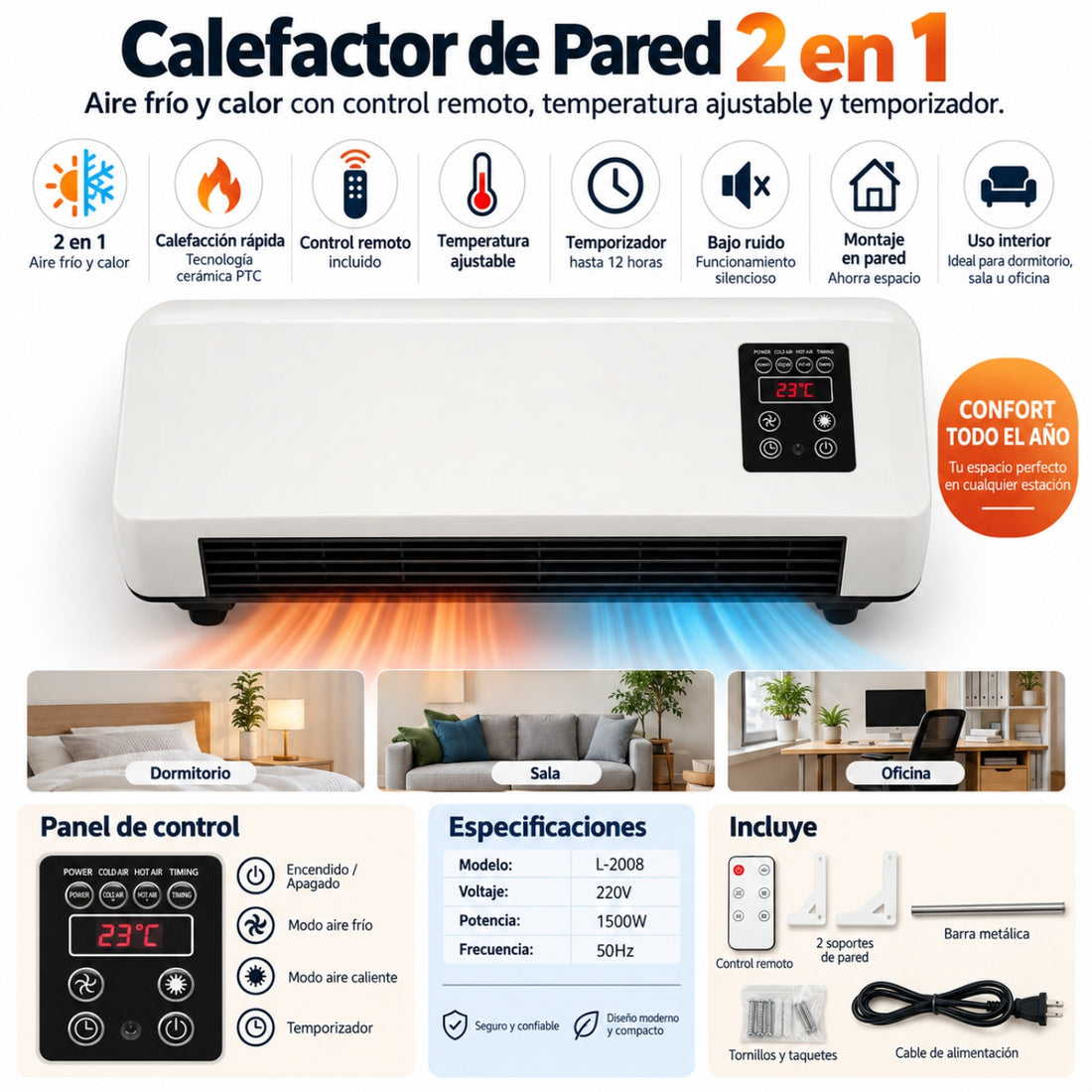 Calefactor de Pared 2 en 1 Frío/Calor 1500W con Control Remoto y Secador de Ropa