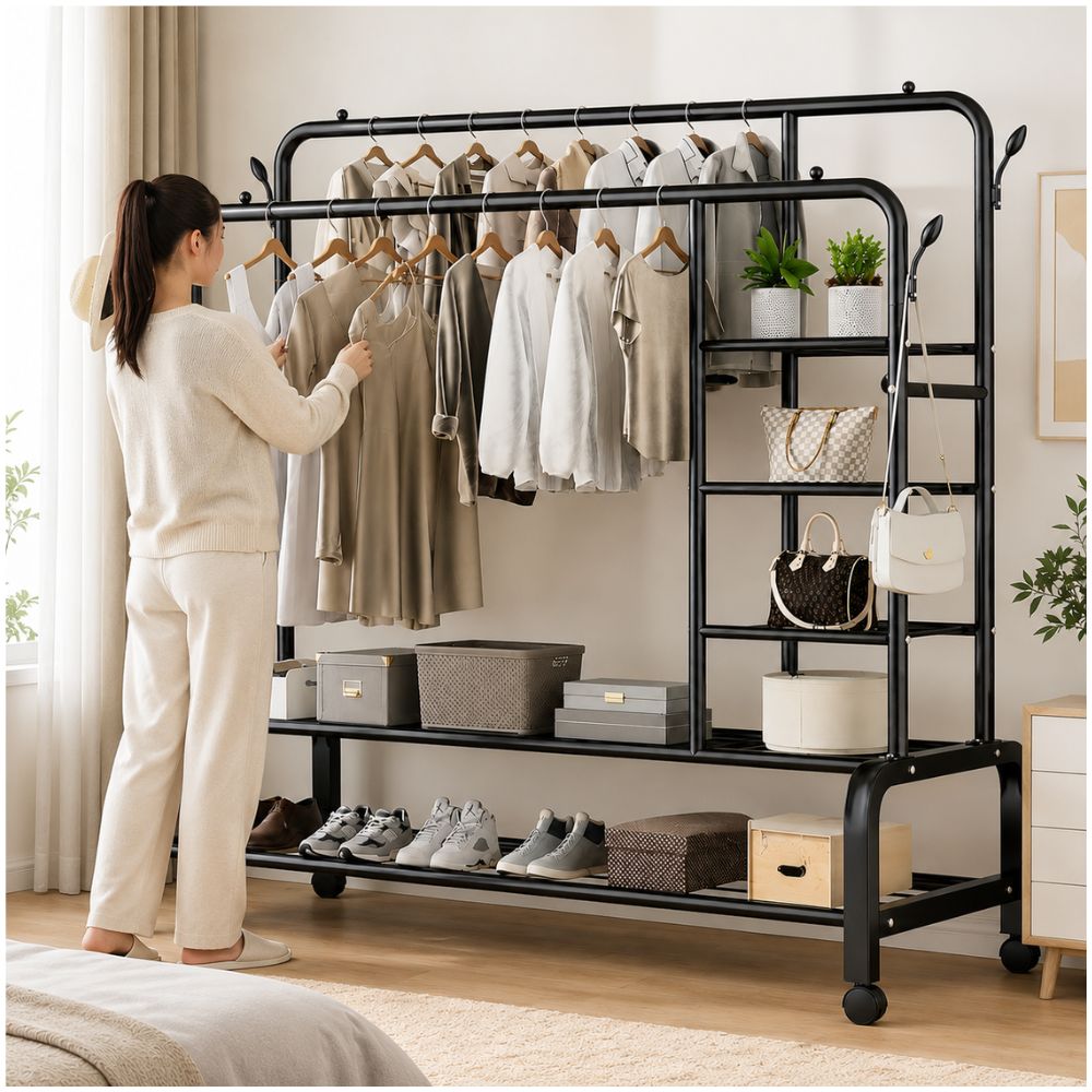 Organizador de Ropa Negro Doble Barra Metal Soporta 68kg 160x110x55cm con Ruedas