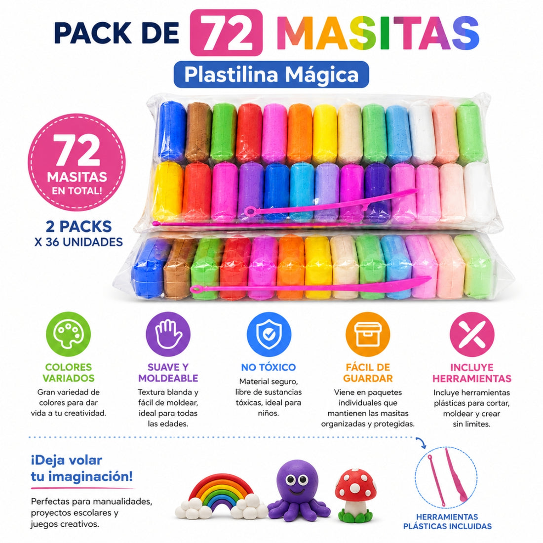 Pack x72 Masas Plastilina Colores Variados con Herramientas para Moldear