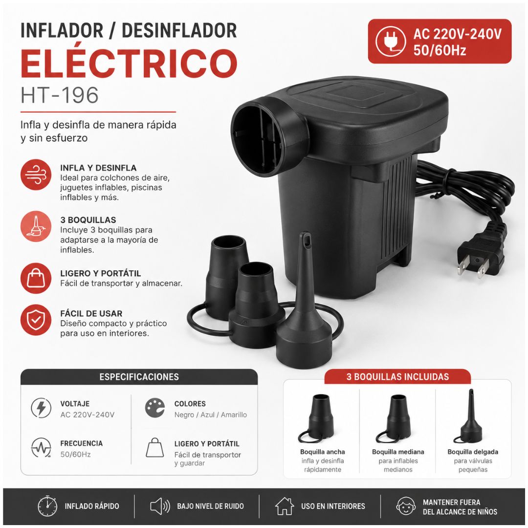 Inflador Eléctrico Portátil HT-196 de 220V Multiusos Colchones Piscinas Globos