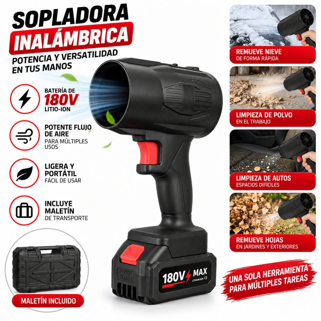 Pistola Soplador de Polvo Turbo Inalámbrica Portátil 180V Multifuncional con Maletín