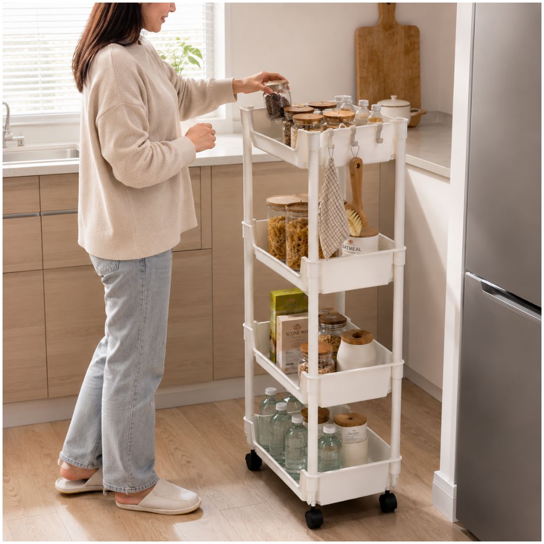 Carrito Organizador Crema Multiusos 4 Niveles con Ruedas 84x29x22cm