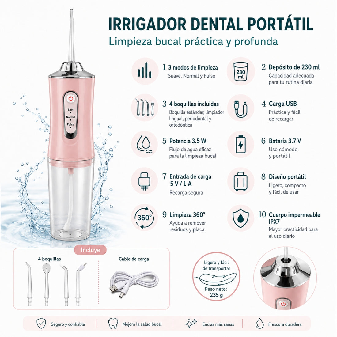 Irrigador Oral Bucal Para Limpieza Dental Portátil Inalámbrico 4 en 1
