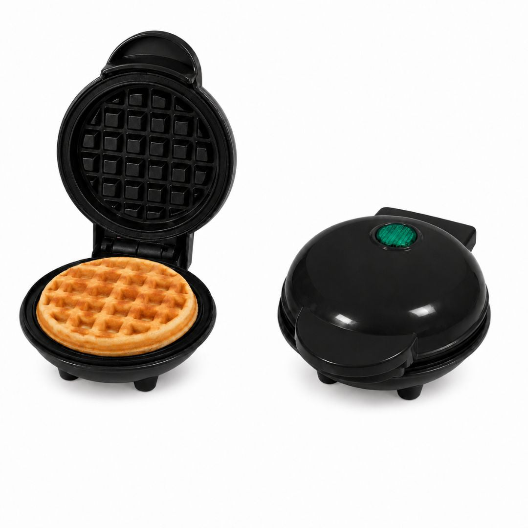Mini Wafflera Antiadherente Eléctrica Portátil de 350W Negro