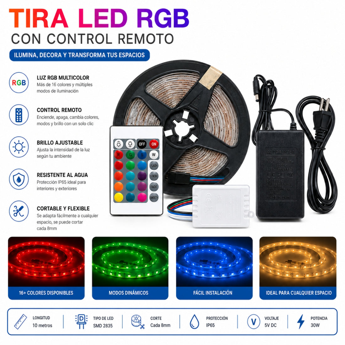 Cinta Tira Luz LED RGB 2835  x10 metros con Adaptador y Control Remoto