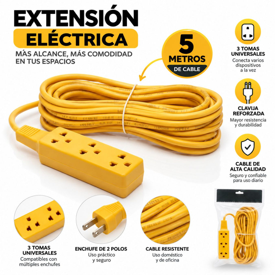 Extensión Eléctrica de 5 Metros 3 Tomacorrientes 10-16 Amp