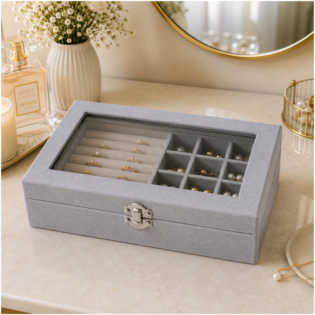 Joyero Organizador de Joyas Tapa de Vidrio Compartimentos para Anillos y Accesorios