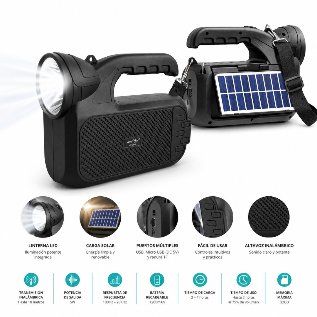 Parlante Bluetooth GTS-2068 con Linterna y Panel Solar Recargable Radio USB TF