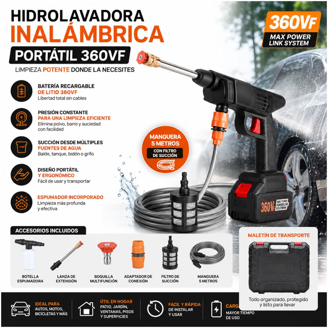 Hidrolavadora Alta Presión Inalámbrica 360Vf Recargable Auto Hidrojet Lavado