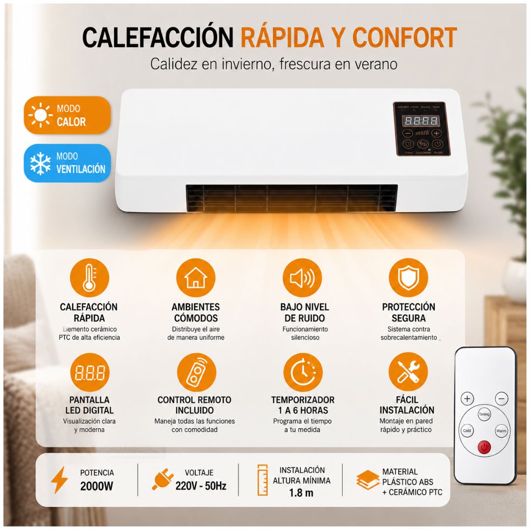 Ventilador Calefactor Eléctrico de Pared 2 en 1 de 2000W Pantalla LED Control Remoto