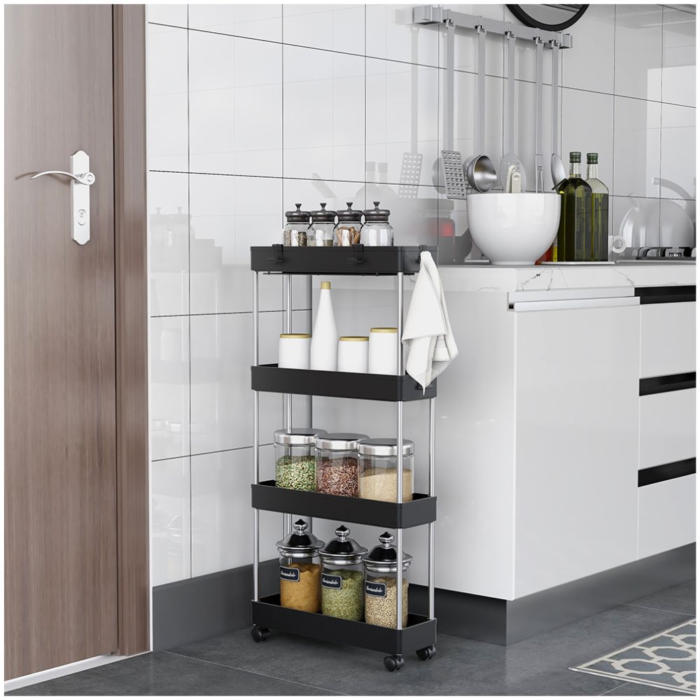 Carrito Organizador de Cocina Multiusos 4 Niveles con Ruedas 84.5x34.5x12cm Negro