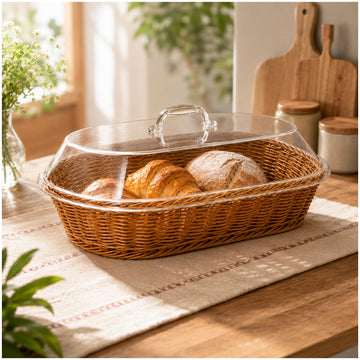 Canasta Panera Organizador para Pan de Mimbre con Tapa Transparente y Asa