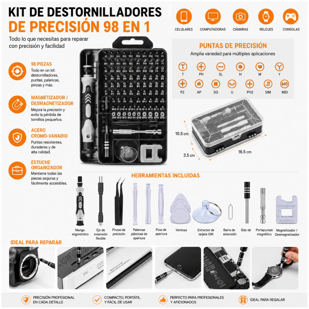 Kit Destornillador 115 Piezas con 98 Puntas Magnéticas de Precisión Multiusos