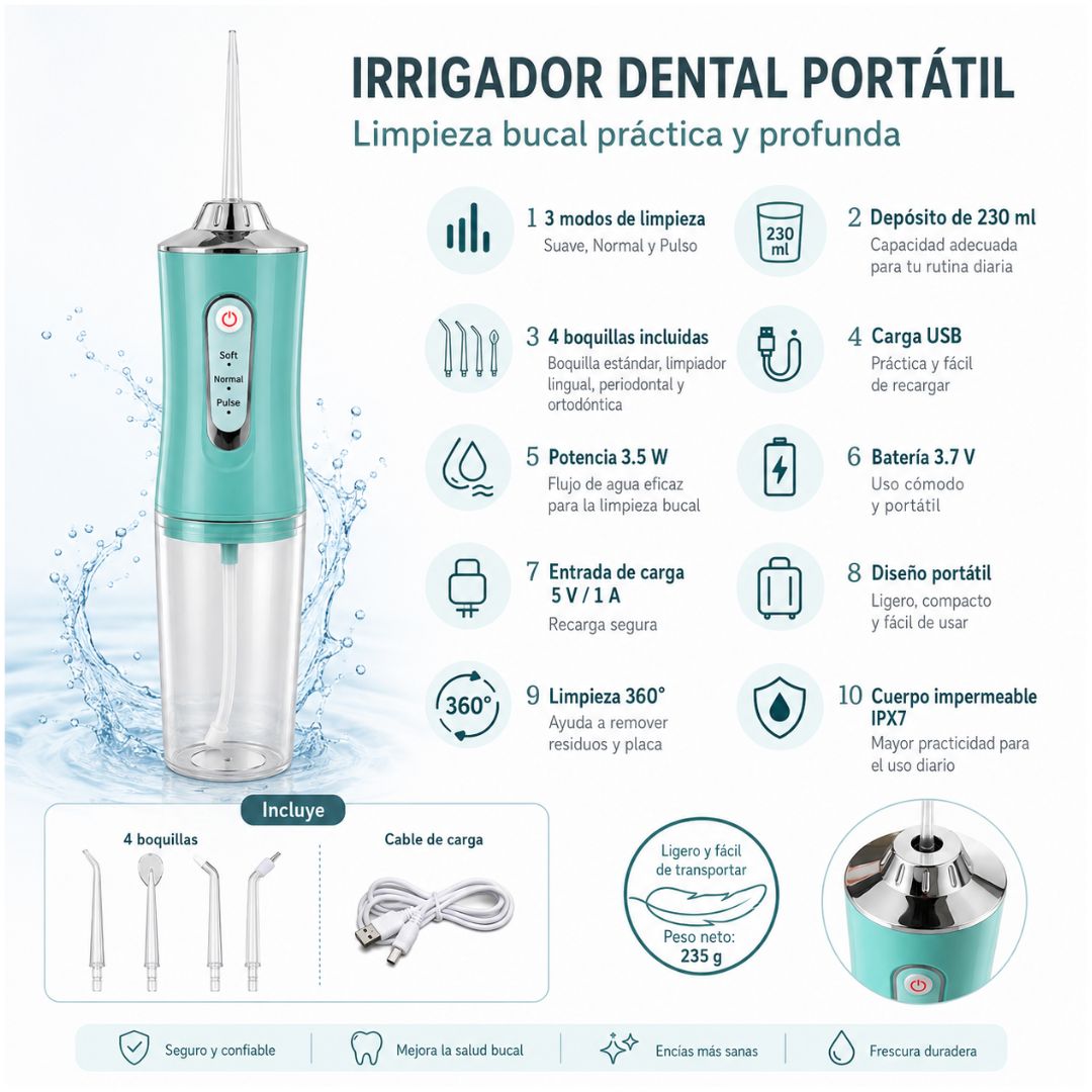 Irrigador Oral Bucal Para Limpieza Dental Portátil Inalámbrico 4 en 1