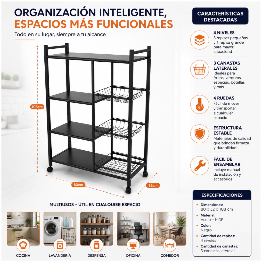 Estante Organizador de Cocina Multiusos de Metal con Ruedas 108x80x32cm