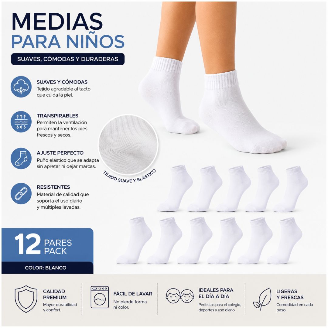 Pack x12 Pares de Medias Cortas Blancas Deportivas para Niños Talla Estándar