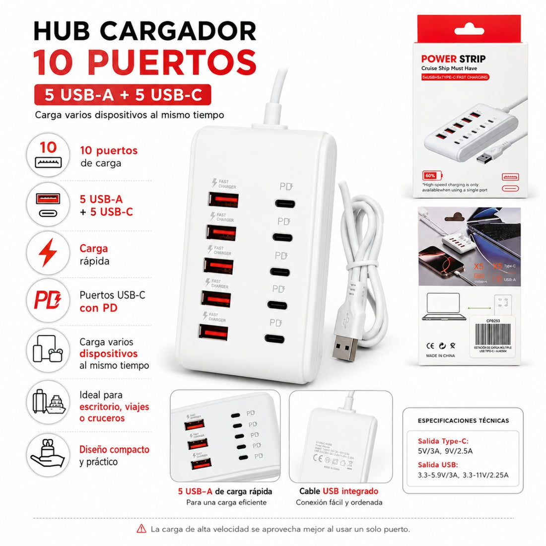 Hub Cargador 10 Puertos USB-A y USB-C PD Carga Rápida Multipuertos