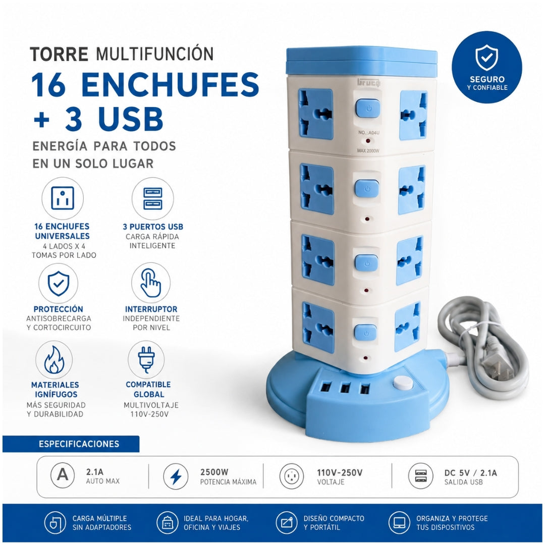 Cargador Torre Multipuerto 19 en 1 Extensión 2500W 3 Puertos USB - 16 Tomacorrientes