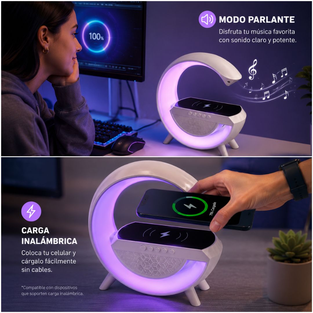Lámpara LED RGB Inteligente 3 en 1 Cargador Inalámbrico Parlante Bluetooth BT2301