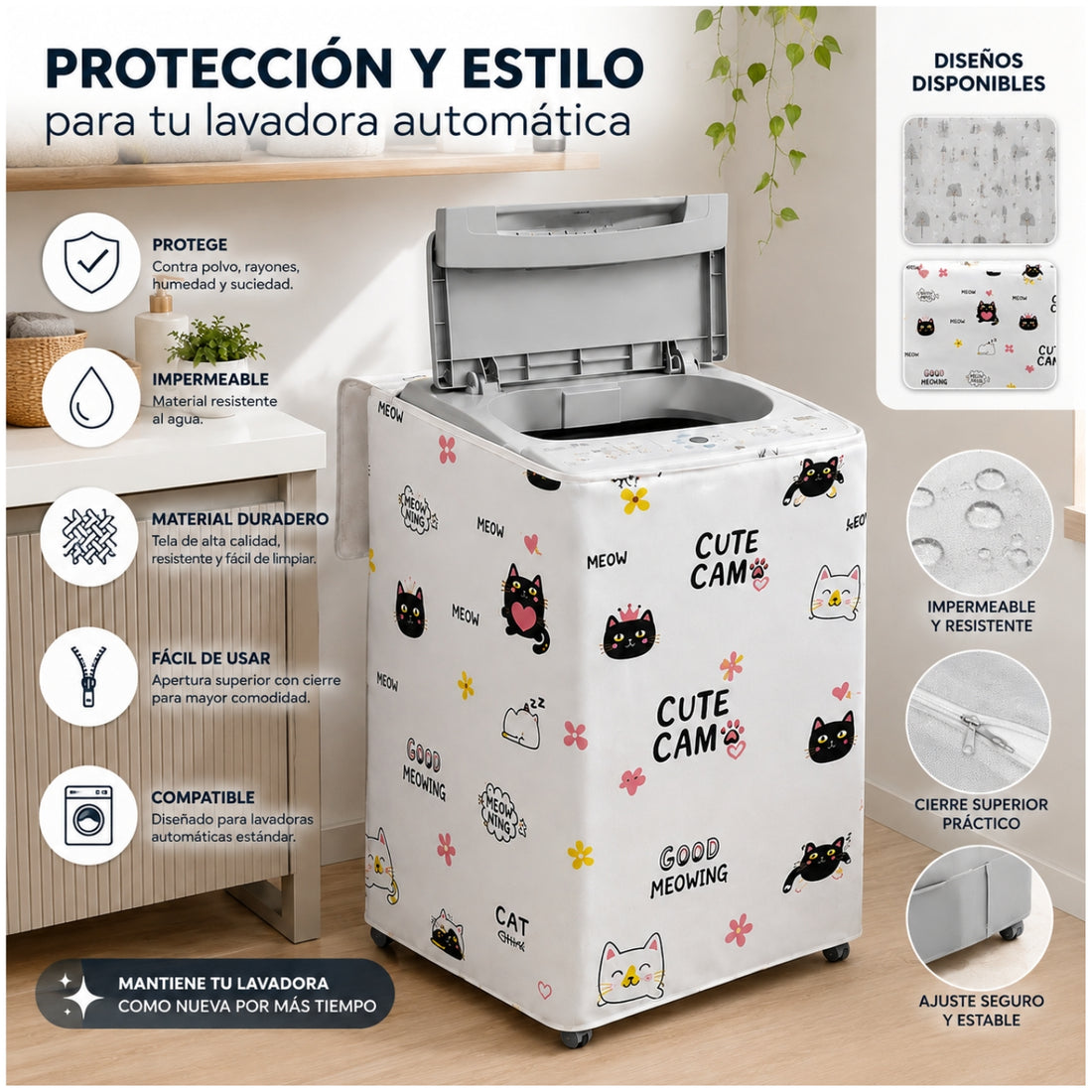 Funda Protectora Forro Impermeable para Lavadora Diseño Gato 85x54x54cm