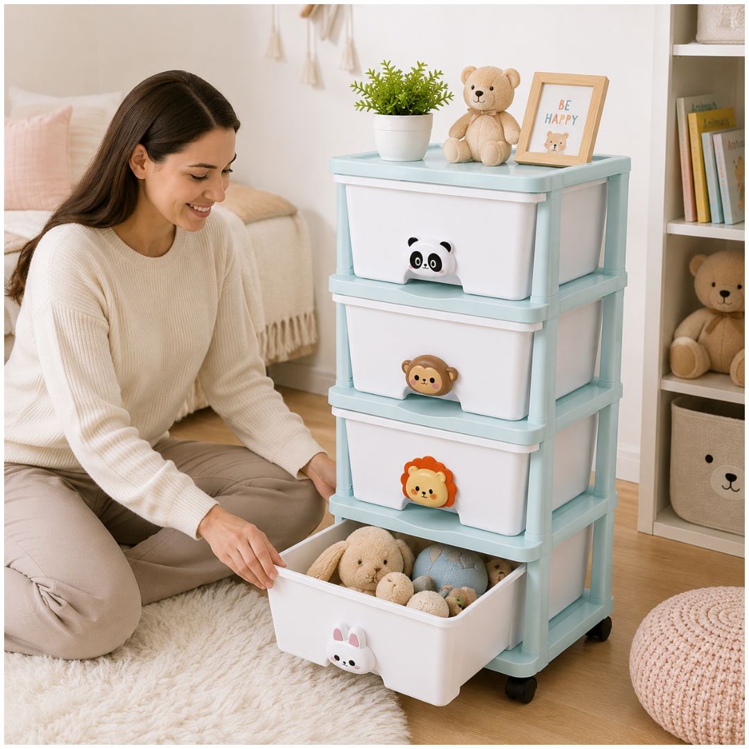 Organizador Cajonera Infantil para Juguetes Multiusos Reforzado 4 Niveles con Ruedas