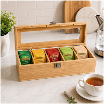 Organizador Porra Infusiones de Bambú con Tapa de Vidrio 5 Compartimientos