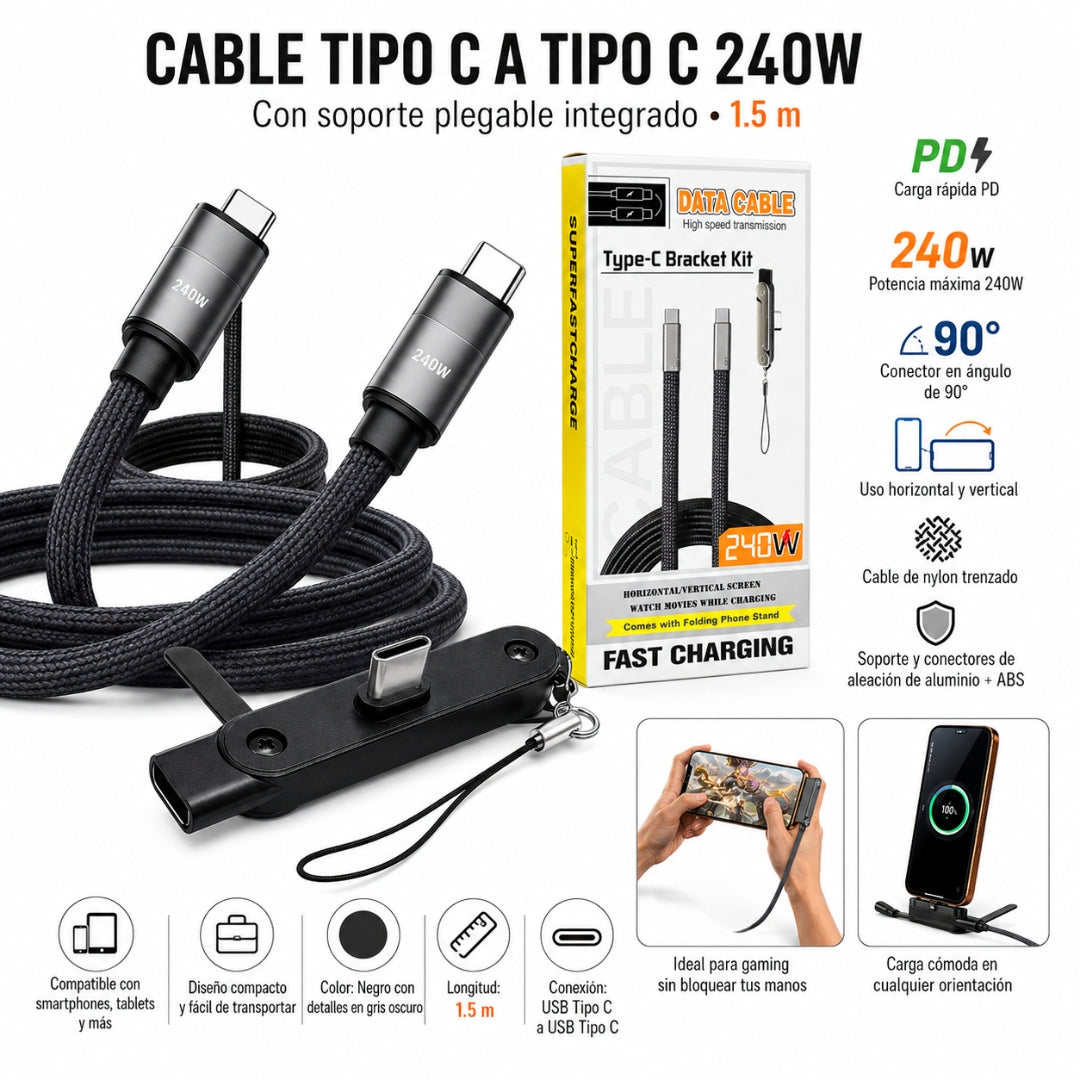 Cable Carga Rápida Tipo C 240W con Soporte Plegable y Conector 90°