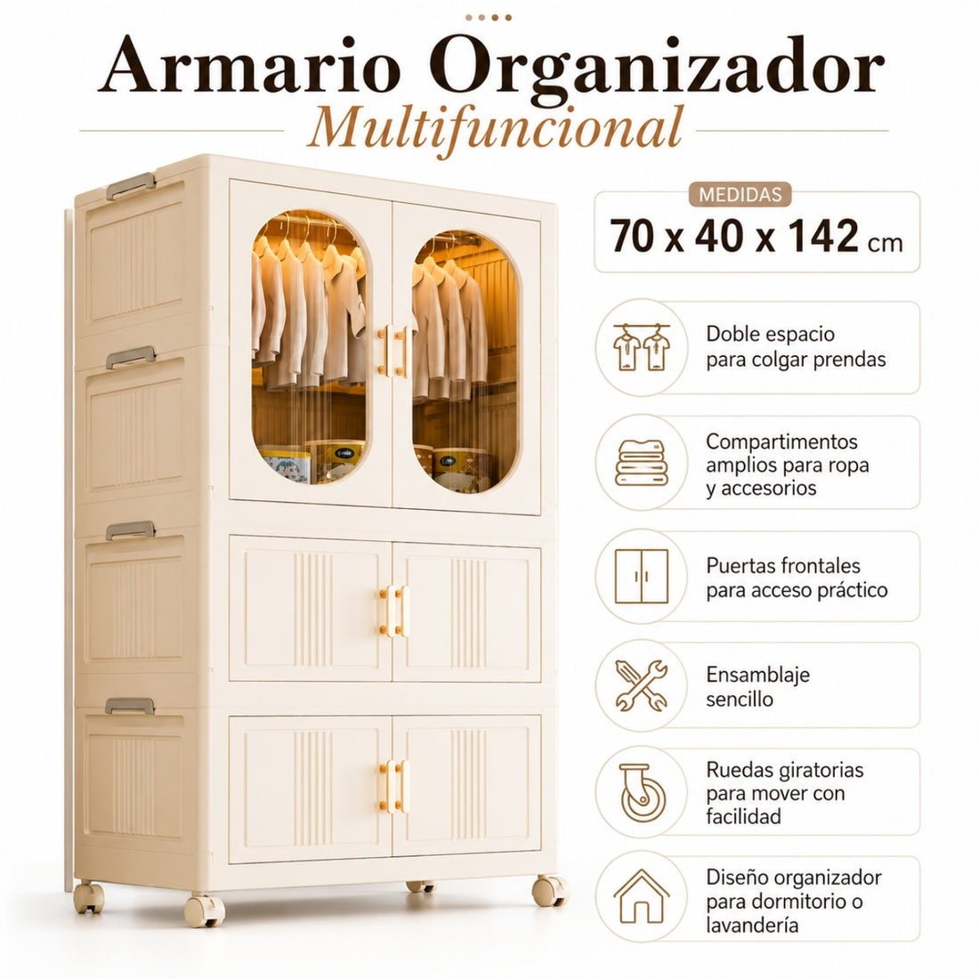 Armario Organizador de Ropa Plegable con Ruedas Closet Modular 142x70x40cm