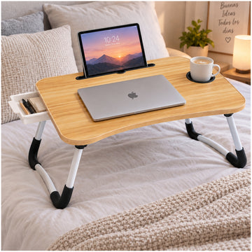 Mesa Plegable para Laptop con Portavasos Soporte Tablet y Cajón Lateral 60x40cm