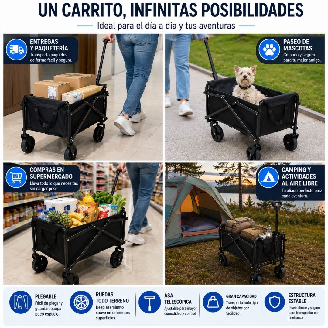 Carrito de Compras Plegable Multiusos con Ruedas Todo Terreno Asa Telescópica