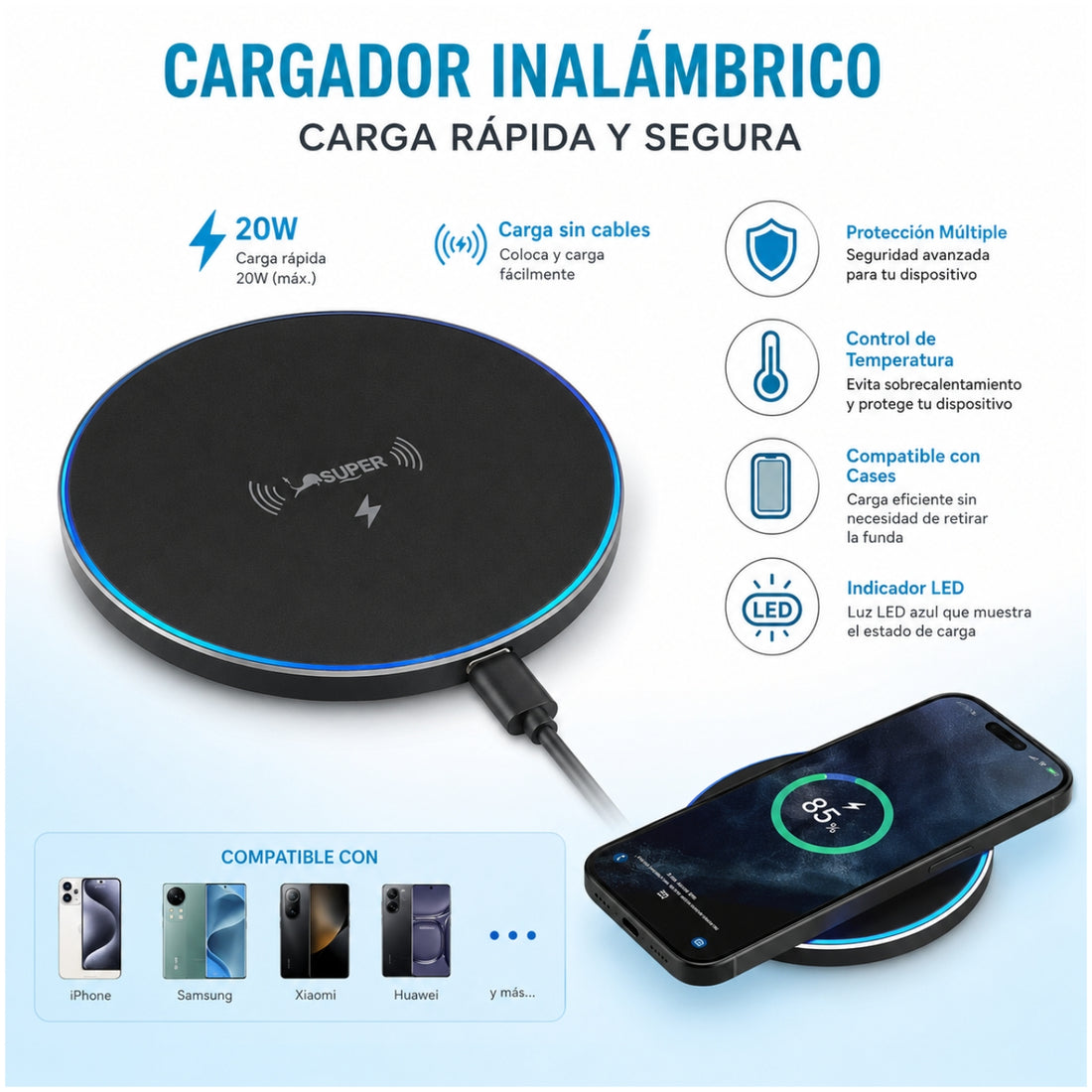 Cargador Inalámbrico RGB CR43 de 20W de Carga Rápida para Smartphone