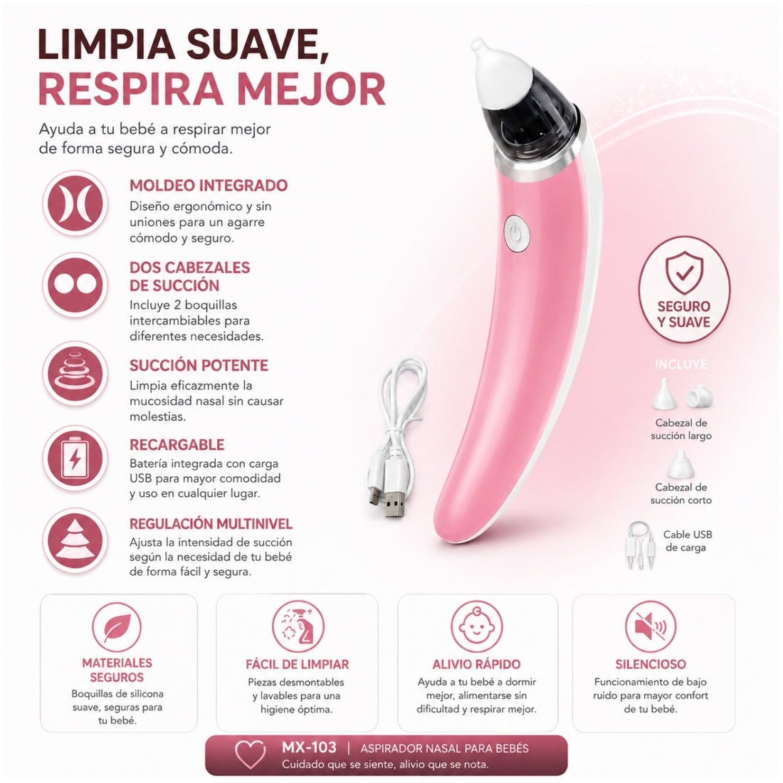 Aspirador Succionador Nasal Eléctrico Recargable Para Bebe con Accesorios