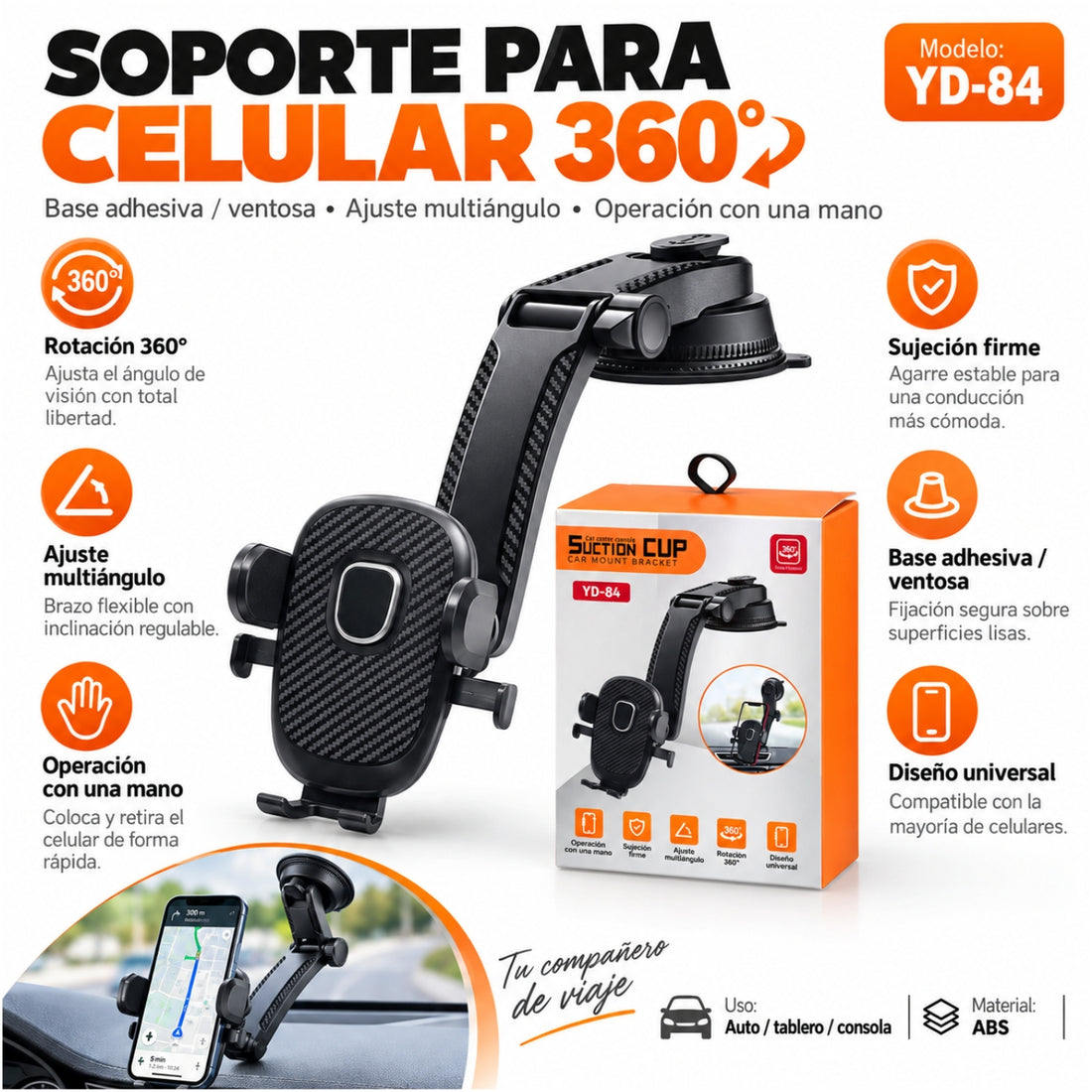 Soporte para Celular de Auto 360° con Ventosa y Brazo Ajustable YD-84