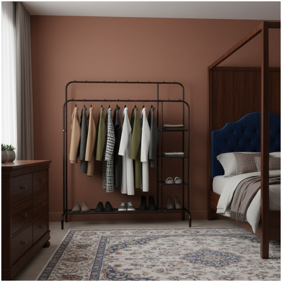 Colgador Perchero de Metal con Ruedas con Doble Barra y 5 Repisas 160x110x56cm