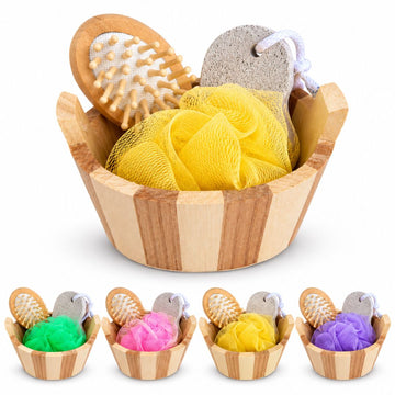 Set de Baño Spa de Madera 4 en 1 Cepillo de Masaje Piedra Pómez y Malla Color Aleatorio