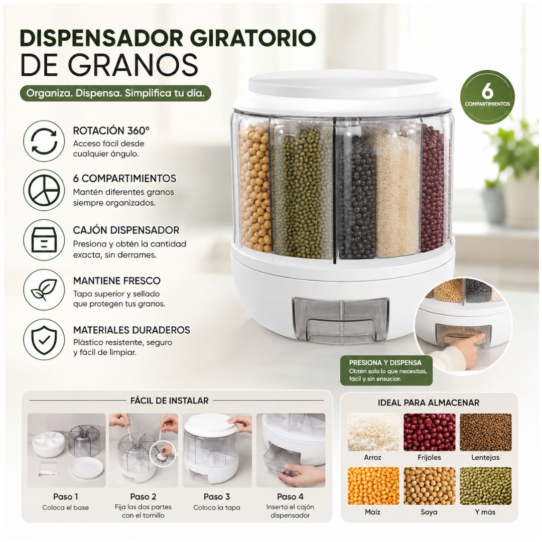 Dispensador de Granos Alimentos Arroz Menestras Rotación 360°  6 Secciones