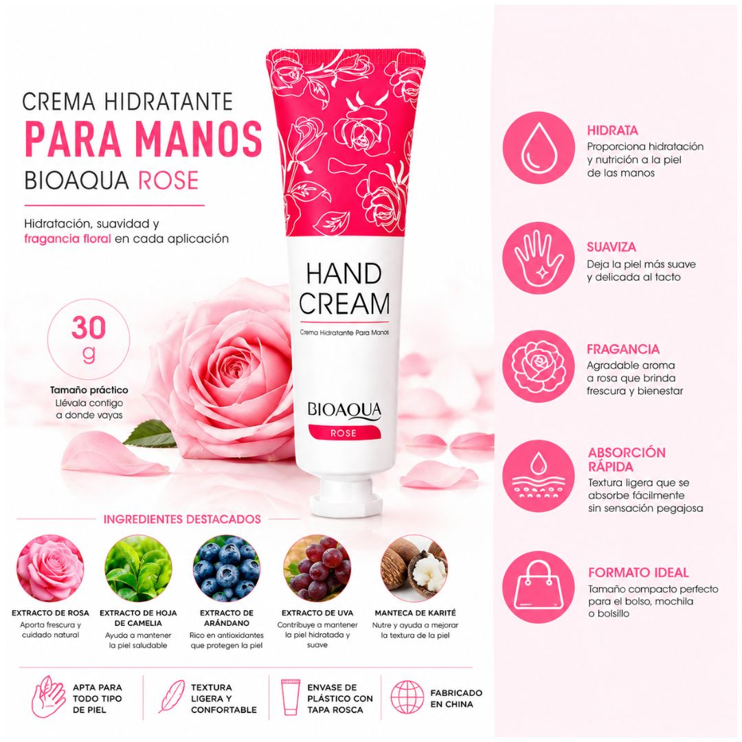Crema Hidratante para Manos BIOAQUA Rose 30g con Extracto de Rosa
