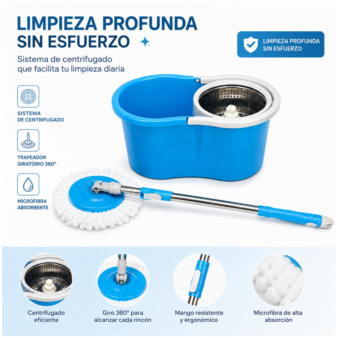 Trapeador Giratorio 360° con Balde Centrífugo y Microfibra Exprime sin Contacto