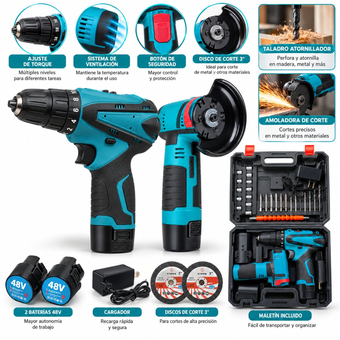 Kit Inalámbrico 2 en 1 Taladro Atornillador y Amoladora 48V con 2 Baterías Maletín y Accesorios