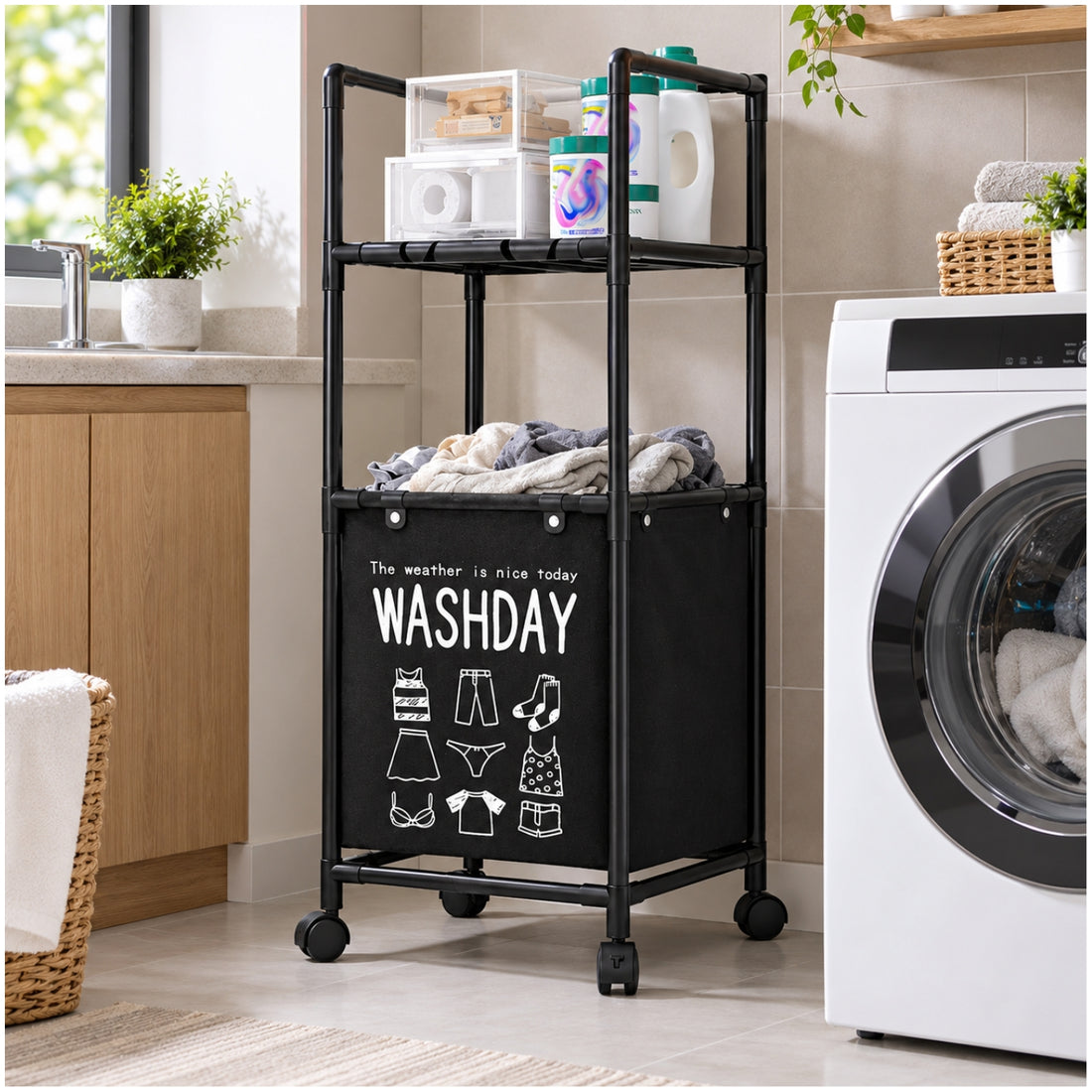 Estante Organizador Multiusos para Lavandería con Cesto 105x42x32cm