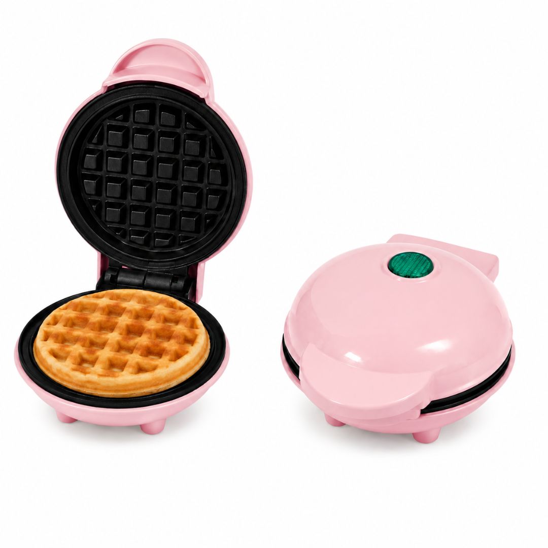 Mini Wafflera Antiadherente Eléctrica Portátil de 350W Rosado