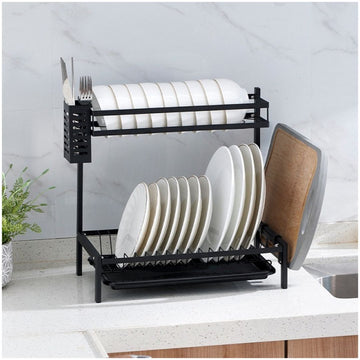 Escurridor de Platos Vasos Acero al Carbono 2 Niveles con Bandeja de Drenaje 40.5x42x25cm