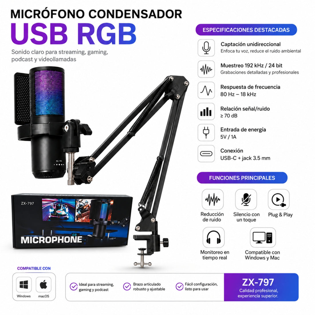 Micrófono Condensador RGB para Streaming SZX-797 con Brazo Articulado Reducción de Ruido
